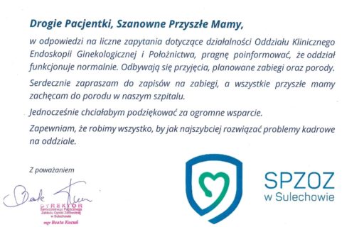 Informacja dla przyszłych mam i pacjentek Oddziału Klinicznego Endoskopii Ginekologicznej i Położnictwa