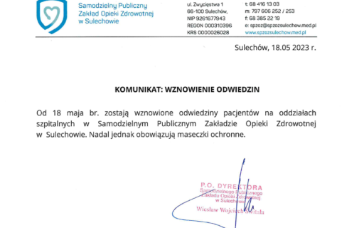 WZNOWIENIE ODWIEDZIN NA ODDZIAŁACH SZPITALNYCH