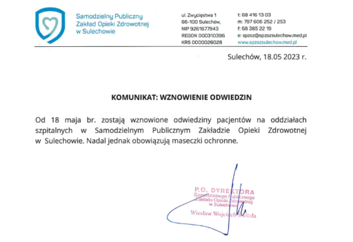 WZNOWIENIE ODWIEDZIN NA ODDZIAŁACH SZPITALNYCH