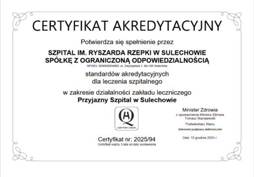 Akredytacja Ministerstwa Zdrowia dla naszego Szpitala!